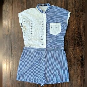 EUC Zara Basic S 100% Cotton Pinstripe Eyelet Button Down Zip Fly Jumpsuit